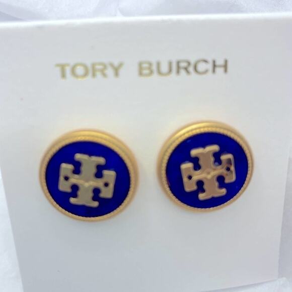 NWOT Tory Burch Gold Logo Dark Blue Medallion Stud Earrings - Picture 4 of 7